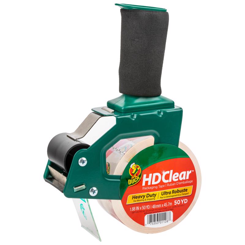 Clear Emery Jensen DSPNSR packaging tape roll with packing tape dispenser, shown in a close-up image.