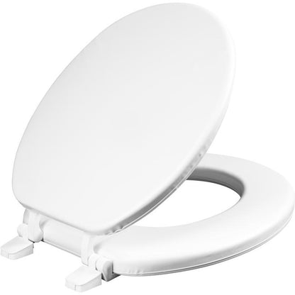 Padded white round toilet seat by Emery Jensen, soft and comfortable for bathroom use.
