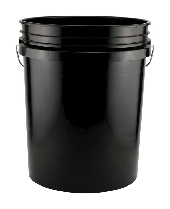 Black 5-gallon plastic paint pail from Emery Jensen, pack of 10, used for painting and DIY projects.