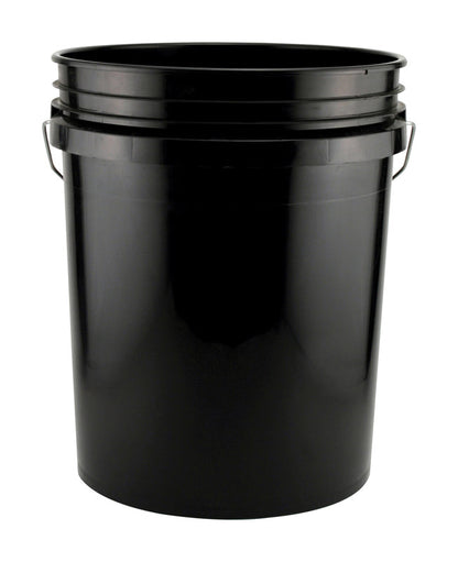 Black 5-gallon plastic paint pail from Emery Jensen, pack of 10, used for painting and DIY projects.
