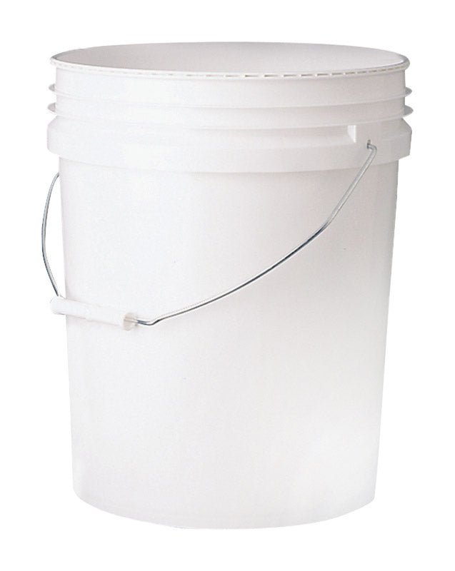 Set of 10 white 5-gallon plastic paint pails by Emery Jensen, durable containers for painting and construction projects.