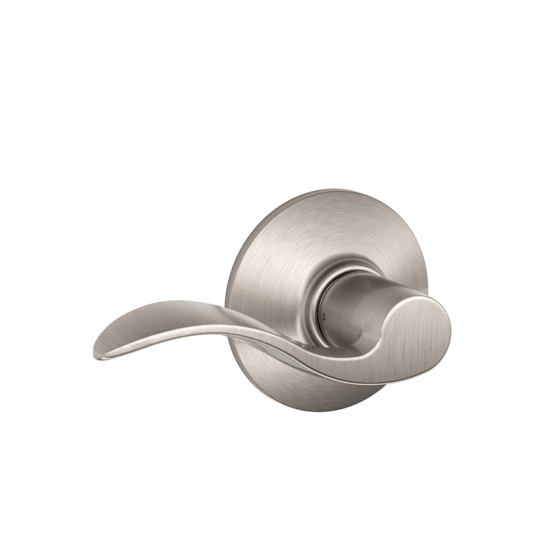 Emery Jensen Accent Passage Locking Lever Handle in stainless steel finish, designed for interior doors, shown on a door.