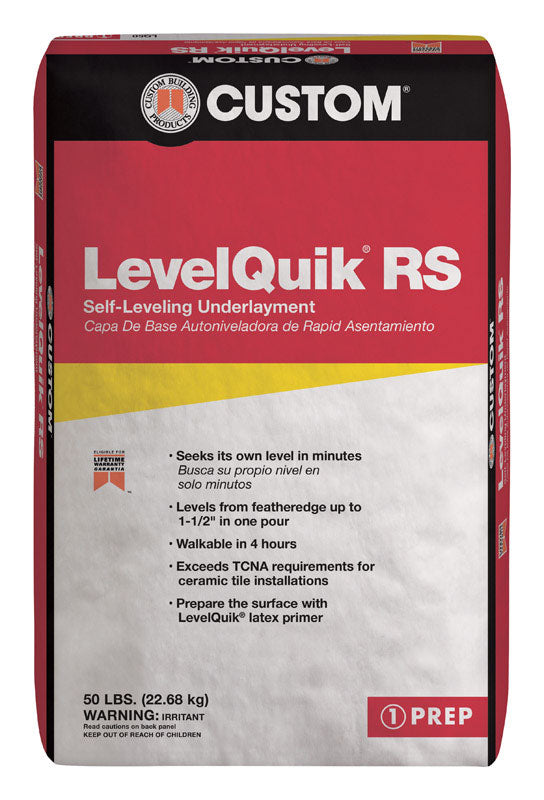 Emery Jensen Levelr Floor Quik 50# patch and repair product for flooring, shown in a container with a trowel.