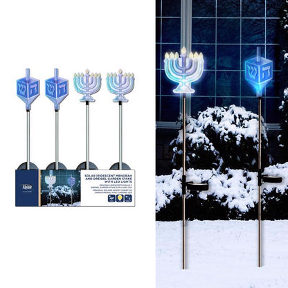 Emery Jensen Menorah and Dreidel pathway marker stake for festive outdoor lighting and holiday decoration.