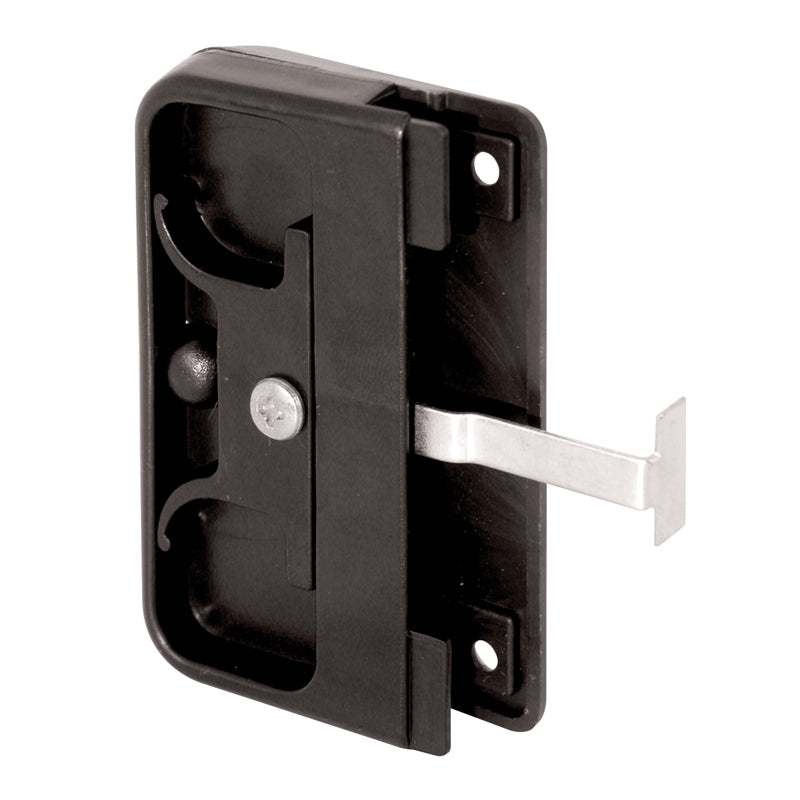 Black latch pull handle for patio door rollers by Emery Jensen, shown attached to a sliding patio door.