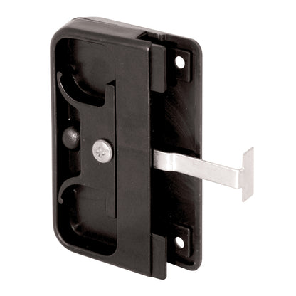 Black latch pull handle for patio door rollers by Emery Jensen, shown attached to a sliding patio door.