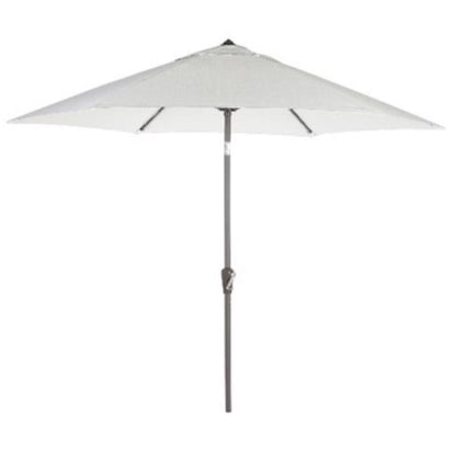 Emery Jensen 9-foot canvas patio umbrella with metal frame, providing shade and style for outdoor seating areas.