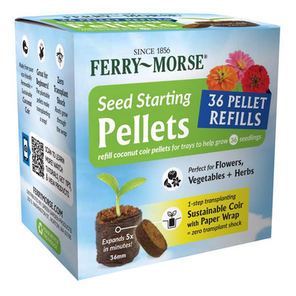 Emery Jensen seed start pellets in a 36-pack for planting and starting seedlings in peat pots and plant starters.