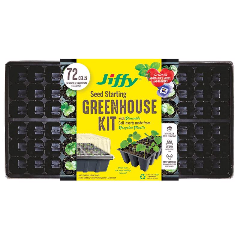Black 72-cell seed starter tray by Emery Jensen, designed for starting plants in peat pots and promoting healthy seed growth.