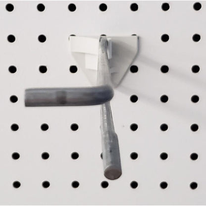 Emery Jensen peg hooks with 3-peg backplate for store displays, shown in a pack of 50, mounted on a retail wall.