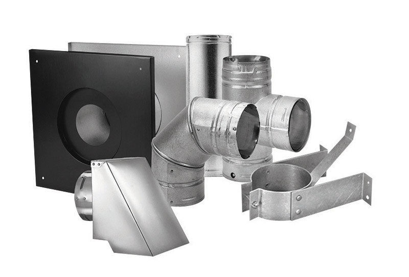 Steel 3-inch pellet vent kit with pipe fittings by Emery Jensen, suitable for efficient pellet stove venting system.