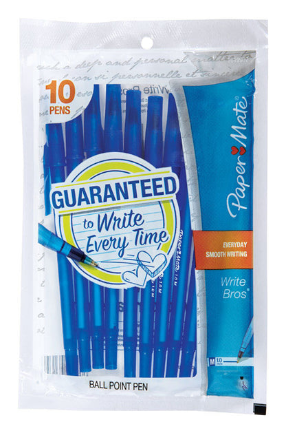 Blue Emery Jensen stick pens, 10-pack, showing 12 packs for a total of 120 pens, with blue ink and sleek design