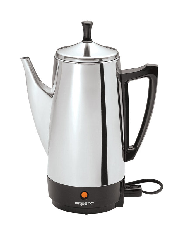 Emery Jensen 12-cup stainless steel percolator coffee maker with glass knob and classic design.