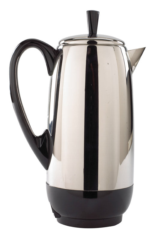 Emery Jensen 12-cup black and silver percolator for brewing coffee, with a glass top and metallic handle.