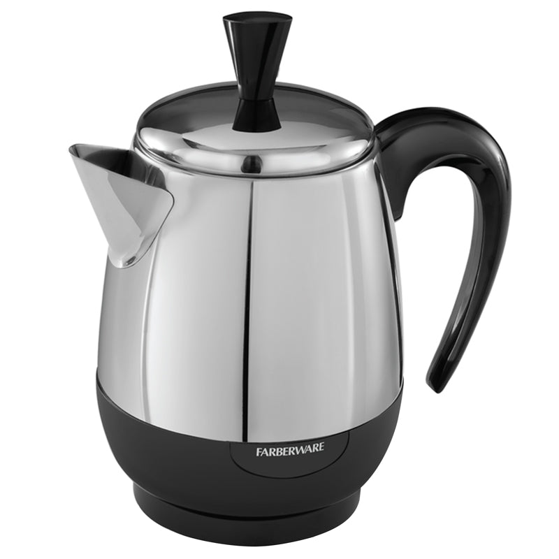Emery Jensen 2-4 cup percolator for brewing fresh coffee, featuring a classic stainless steel design and ergonomic handle.