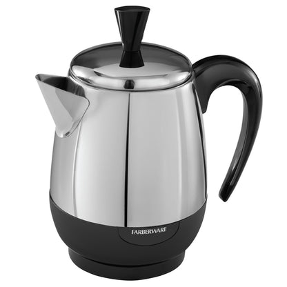 Emery Jensen 2-4 cup percolator for brewing fresh coffee, featuring a classic stainless steel design and ergonomic handle.