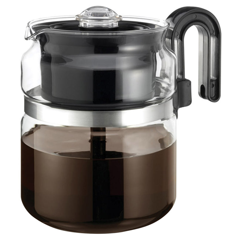 Emery Jensen 8-cup glass percolator with a clear glass body and metal handle for brewing coffee.