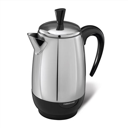 Black and silver Emery Jensen 8-cup percolator with a classic design for brewing rich coffee.