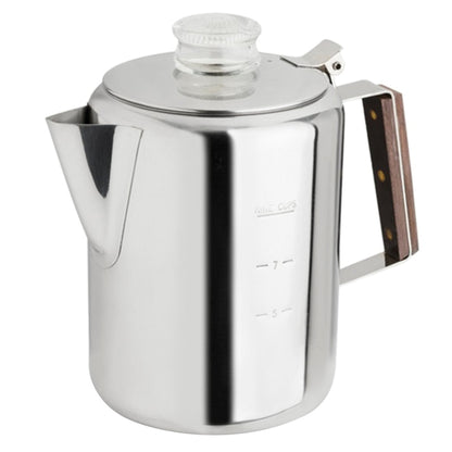 Emery Jensen stovetop percolator with 9-cup capacity, made of stainless steel, ideal for brewing coffee on the stove.