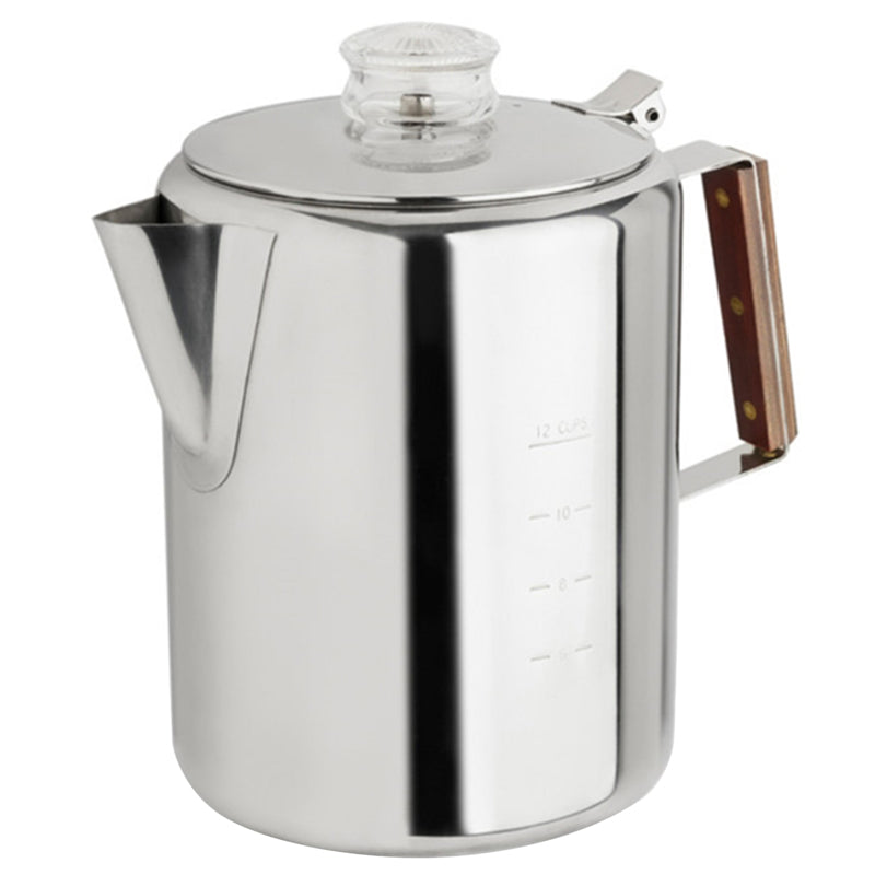 Emery Jensen stovetop percolator with 12-cup capacity, stainless steel coffee maker for brewing fresh coffee on the stovetop.