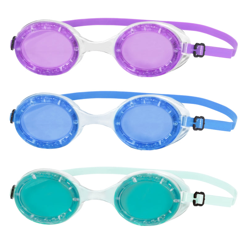 Emery Jensen child swim goggles 3-pack, personal swim aids for young swimmers with adjustable straps and clear lenses.