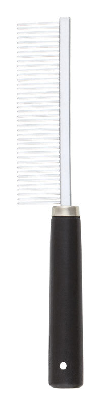 Black pet grooming comb by Emery Jensen for cats and dogs, ideal for detangling fur and maintaining coat health.