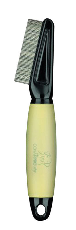 Yellow flea comb for dogs, part of Emery Jensen pet grooming supplies, with fine teeth for removing fleas and debris.