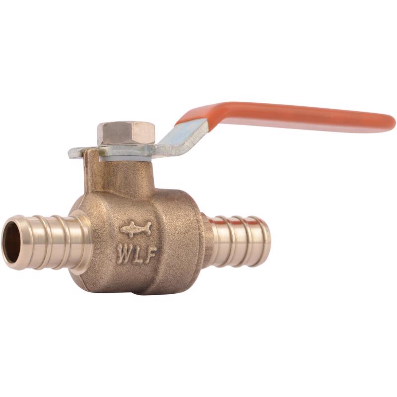 Brass 1/2 inch ball valve from Emery Jensen PEX accessories, showing valve handle and threaded connections for plumbing.
