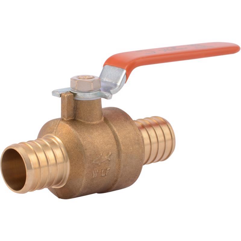 Emery Jensen PEX crimp fittings bagged, brass ball valve 1x1 inch for plumbing and piping applications.