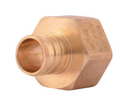 Emery Jensen PEX brass crimp fitting 3/4 inch in a bag, showing a close-up of the fitting's threaded end and smooth brass surface.