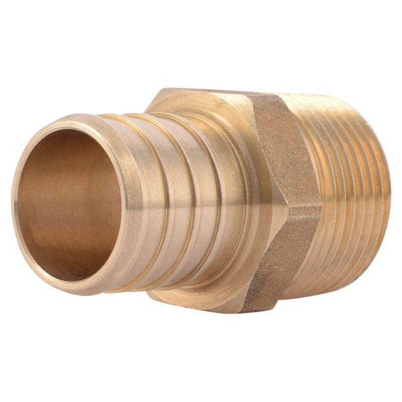 Emery Jensen PEX crimp fittings bagged, 1-inch to 3/4-inch MPT PEX adapter fitting for plumbing installations.
