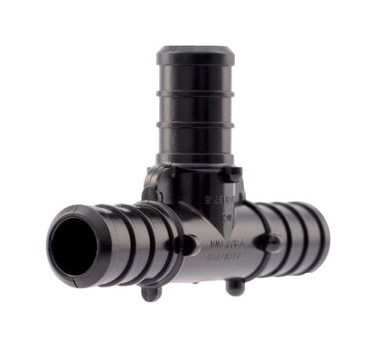 Emery Jensen 1/2-inch PEX barb tee fittings in a bag, flexible plastic pipe connectors for plumbing installations.