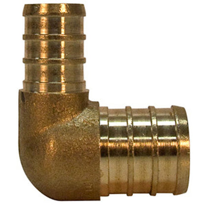 Emery Jensen PEX crimp fittings bagged with a 1/2-inch and 3/4-inch PEX elbow fitting for plumbing installation.