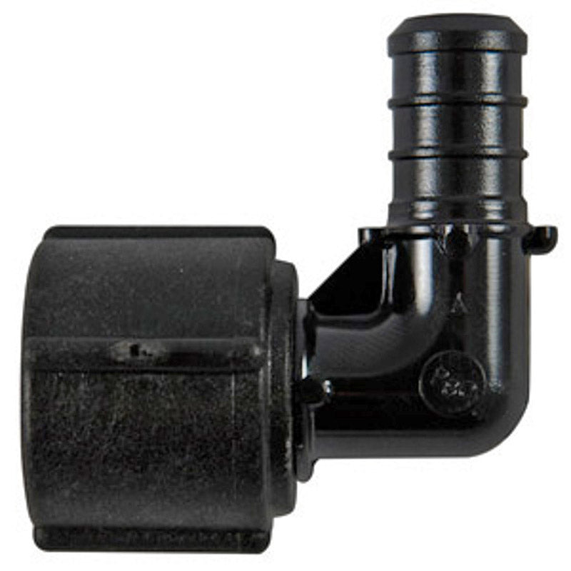 Emery Jensen PEX crimp fittings bagged, 1/2 inch PEX SWVL elbow fittings, 5-pack for plumbing connections.
