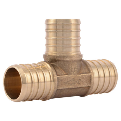 Emery Jensen PEX TEE 1-inch barb fitting for crimp plumbing connections, shown in a bagged assortment.