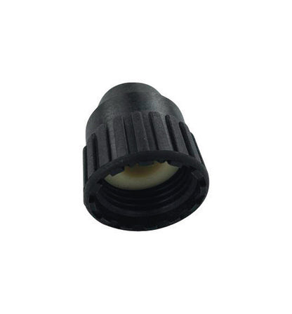 Emery Jensen PEX pipe cap 1/2 inch for plumbing, shown on a coiled PEX pipe in a close-up image.