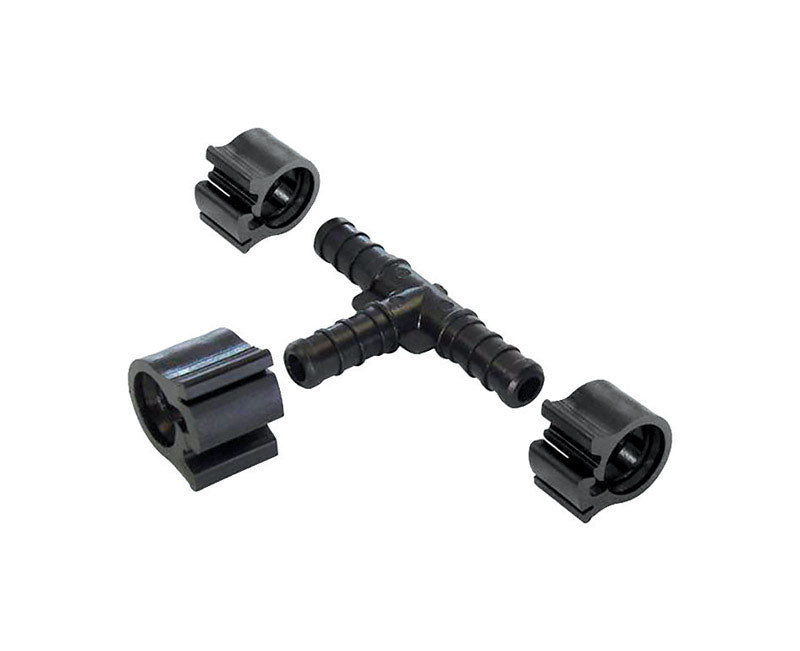 Emery Jensen PEX pipe tee with clamp, 3/8 inch, 4-piece set, used in plumbing for water supply connections.