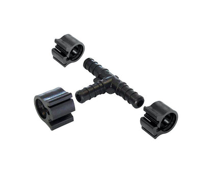 Emery Jensen PEX pipe tee with clamp, 3/8 inch, 4-piece set, used in plumbing for water supply connections.