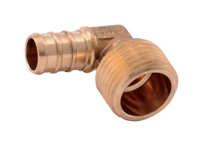 Emery Jensen PEX push fittings bagged with 1/2x1/2" MNPT PEX elbow fitting for plumbing connections.
