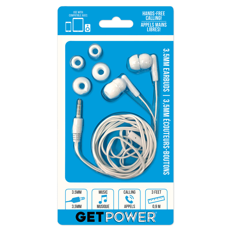 White Emery Jensen earbuds with built-in microphone, designed for phone accessories, shown close-up with cord and ear tips.