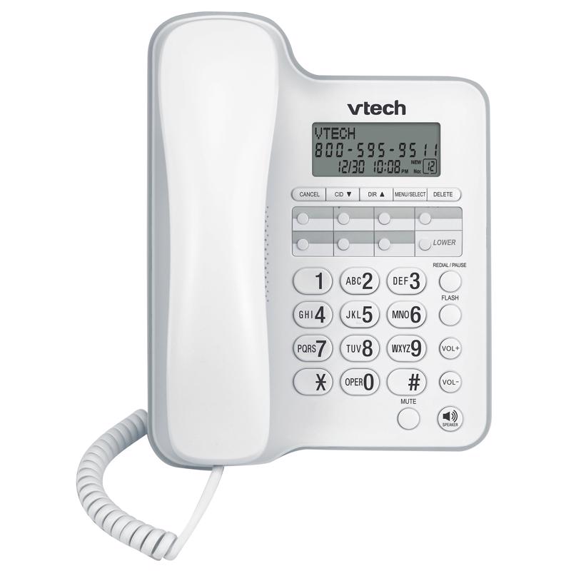 White digital telephone and answering combo by Emery Jensen, featuring a handset, keypad, and digital display on a sleek design.