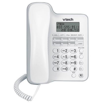 White digital telephone and answering combo by Emery Jensen, featuring a handset, keypad, and digital display on a sleek design.