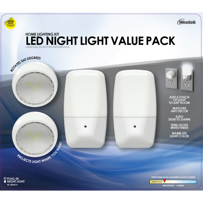 Emery Jensen LED Nite Lite Photocell 4-pack showing compact night lights with built-in sensors for automatic operation.