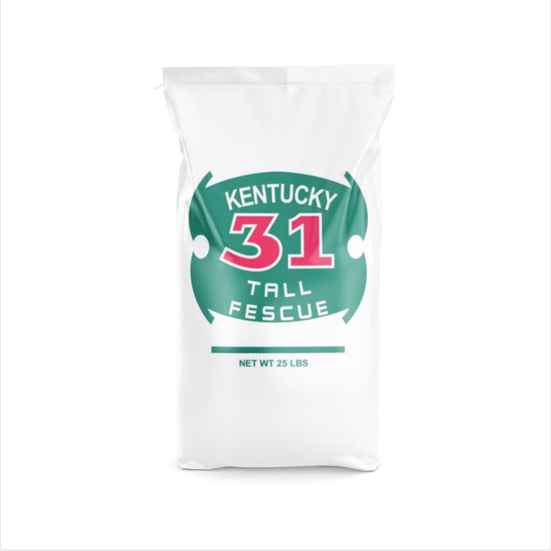 Emery Jensen Kentucky 31 tall fescue grass seed in a 10+ pound package, showing green grass seed in a bag for lawn planting.