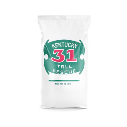 Emery Jensen Kentucky 31 tall fescue grass seed in a 10+ pound package, showing green grass seed in a bag for lawn planting.