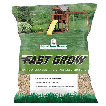 Emery Jensen Fast Grow Grass Seed 3-pound package for quick lawn growth, shown in blue and white bag with grass imagery.