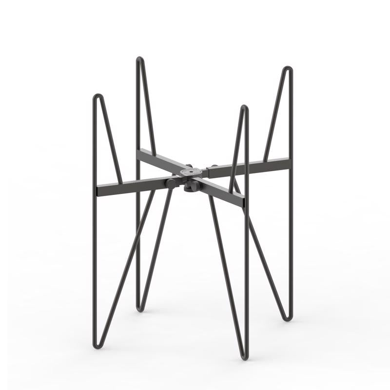 Black plant stand by Emery Jensen with wall-mounted caddy basket, holds up to 75 pounds for indoor or outdoor use.