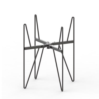 Black plant stand by Emery Jensen with wall-mounted caddy basket, holds up to 75 pounds for indoor or outdoor use.