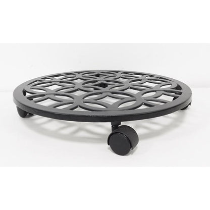 Black 17-inch Emery Jensen plant stand with caddy basket for indoor or outdoor use, showcasing durable metal construction.