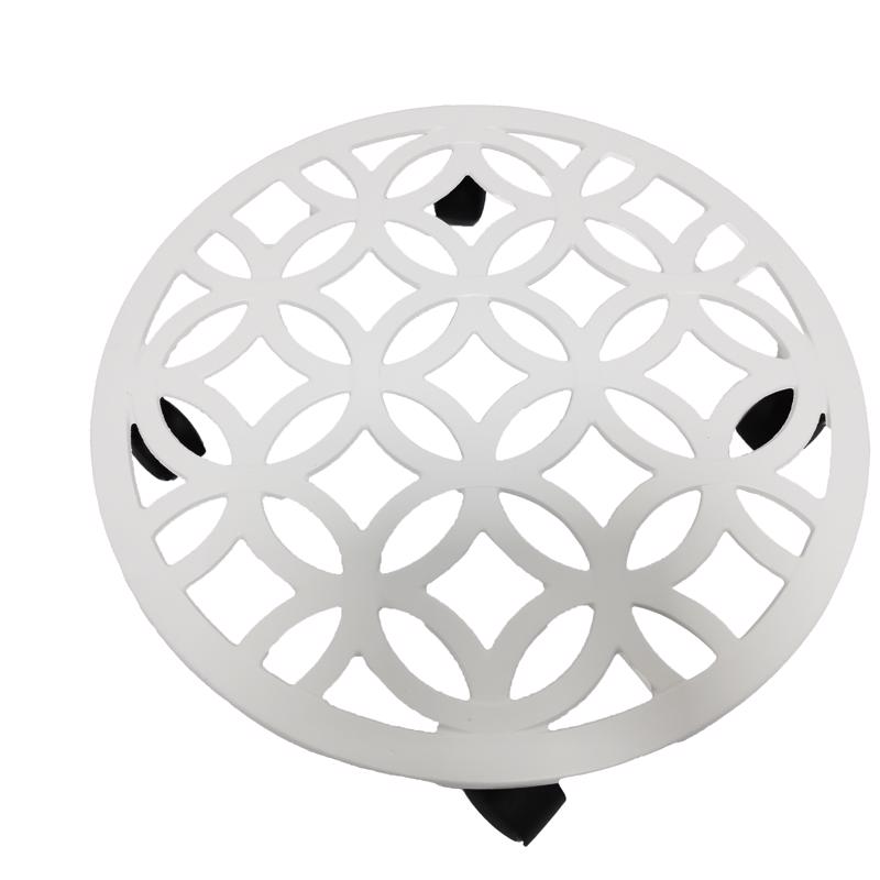 White 17-inch plant stand caddy basket from Emery Jensen, designed for indoor or outdoor plant display.